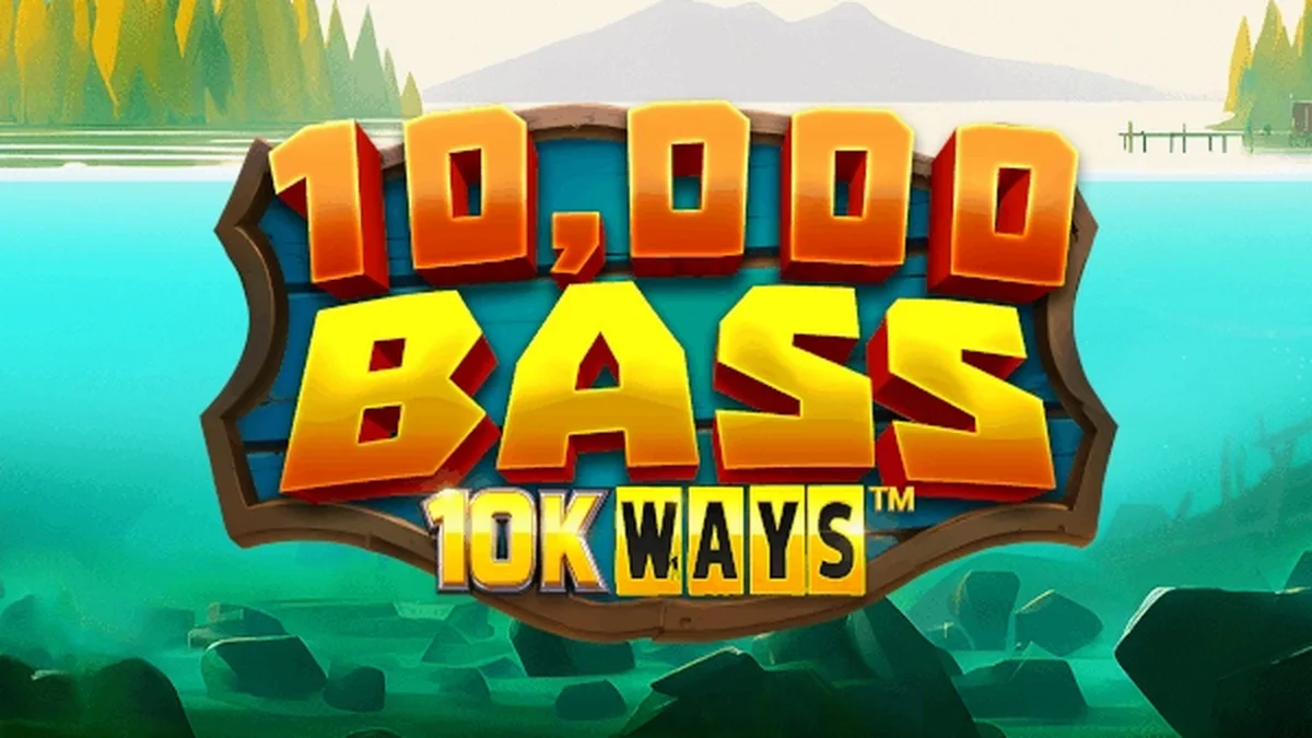 Tampilan visual permainan slot 10,000 Big Bass 10K Ways dengan latar belakang danau